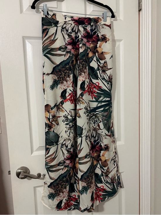 Pants - Floral Wide-Leg side slit Palazzo Pants  Cream, Green & Burgundy floral print